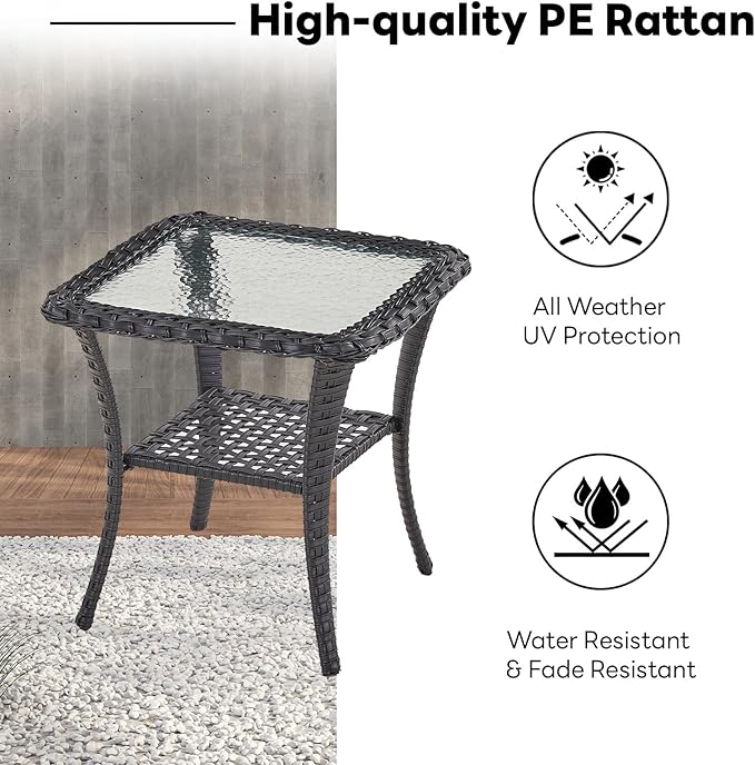 Belord Handwoven Wicker Side Table - 20 Inch Small Outdoor Table 2 Tier Storage with Tempered Glass Top, All Weather Outdoor Patio End Tables for Deck Balcony Outside Black