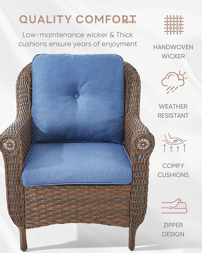 Outdoor Patio Chairs with Fire Pit Table 5 Piece Set - High Back Brown Wicker Rattan Lawn Chair with Thick Cushion for Porch Apartment Deck Yard Poolside Garden - Navy Blue