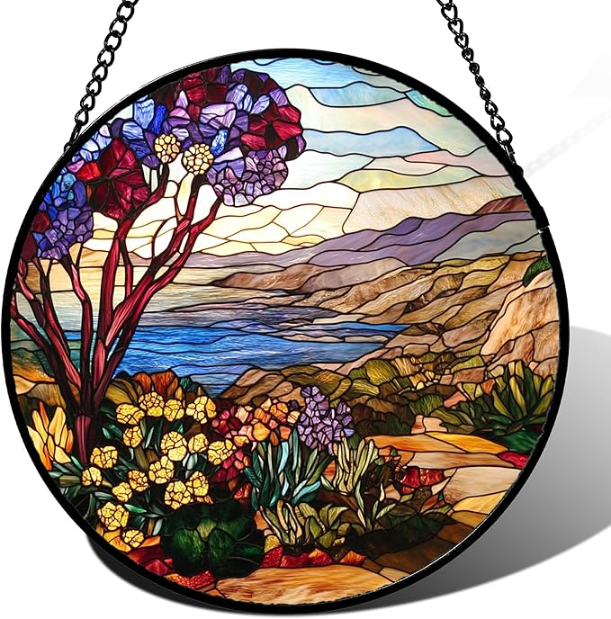 QZQCBLC Stained Glass Window Hanging Retro Wildflowers Lake Mountain Scenery 7.8" - Suncatcher Door Garden Sun Catcher Home Decor Birthday Christmas for Mom Men Woman Friend