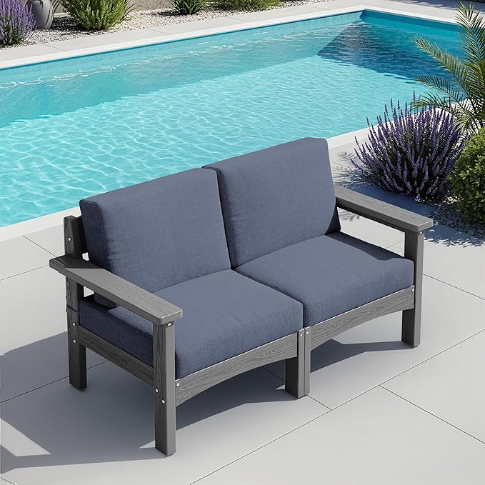 SERWALL HDPE Patio Loveseat Sofa, 2 Pieces Single Sofa, Weather-Resistant Outdoor Furniture Chair with Thick Removable Cushion, Balcony, Garden, Backyard, Poolside, Grey Frame with Grey Cushion