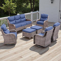 Rilyson Wicker Outdoor Patio Furniture Set - 7 Piece Patio Conversation Sets with Swivel Rocker Chairs, Ottomans and Sofa, 6 inch Cushions, Waterproof Wicker, for Porch Deck Brown/Blue