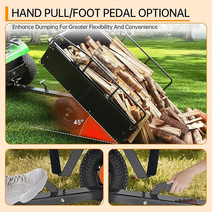 750LB Steel Dump Cart with All-Terrain Tires & Foot-Pedal Dumping, Heavy Duty Utility Trailer for Yard, Garden, and Construction Use, Compatible with ATV and Tractor