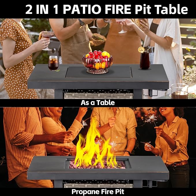 32 Inch Propane Fire Pit Table, Outdoor Gas Fire Pits with 2 Drink Holders, Lid & Lava Rock, 50000 BTU Firepit Table for Dinning, Party in Outside, Patio, Garden or Yard