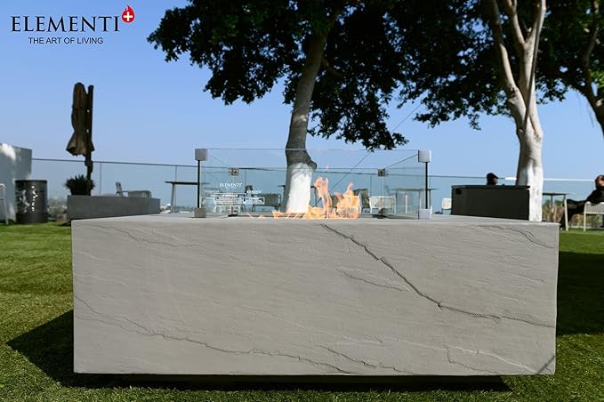 Elementi+ | Bergen Gas Fire Pit Cast Concrete 40" Square Fire Table, Outdoor Fire Pit Electronic Ignition | Canvas Cover, Fire Glass and Burner Lid Included | Dark Gray | Natural Gas