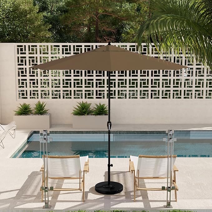 California Umbrella 9' Rd Aluminum Patio Umbrella, Crank Lift, Auto Tilt, Black Finish, Sunbrella Taupe
