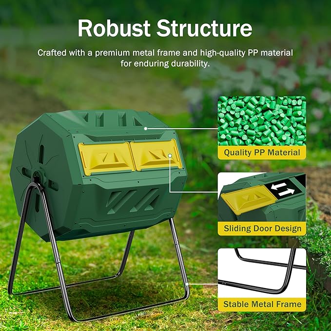 Saicool 43 Gallon Large Dual Chamber Composting Tumbler Outdoor Garden Rotating Compost Bin Tumbling Composter with Sliding Door, Green