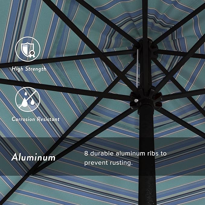 California Umbrella 9' Rd Aluminum Patio Umbrella, Crank Lift, Auto Tilt, Black Finish, Sunbrella Dolce Oasis