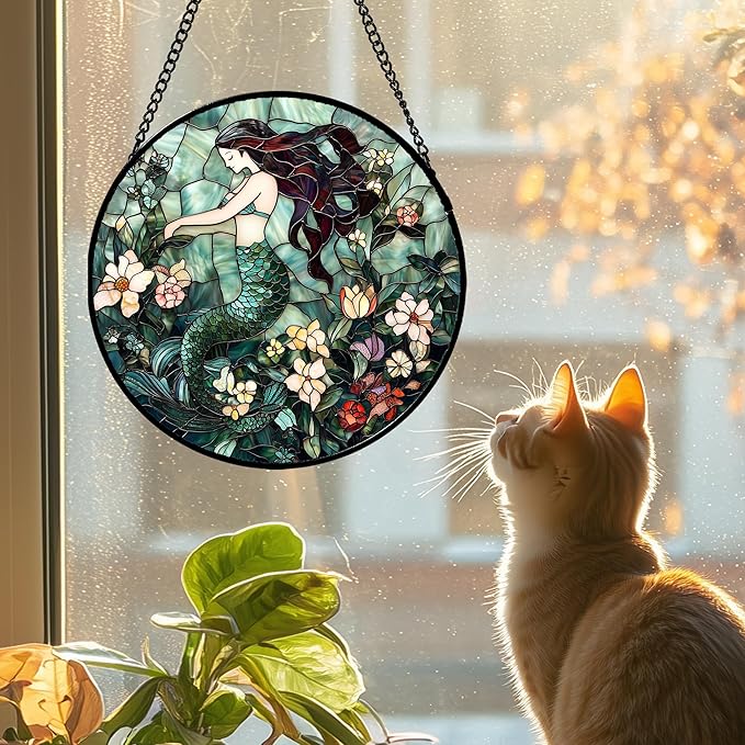JOSUMALY Stained Glass Window Hanging - Teal Sleeping Mermaid Suncatcher for Door Terrace Garden Home Decor, Sea of Flowers Sun Catcher Birthday Gifts for Lovers Women Men Dad Mom Nana 11.8 in