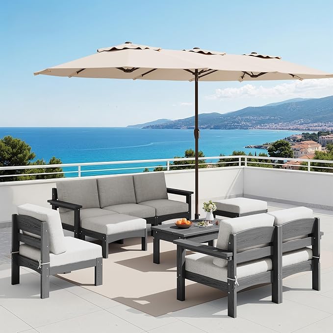 SERWALL 9 Pieces Patio Sofas with 15FT Double Side Patio Umbrella, All-Weather HDPE Outdoor Sectional Sofa, Large Modular Conversation Set for Patio, Garden, Deck, Grey Frame with Khaki Cushion