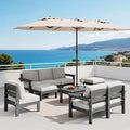SERWALL 9 Pieces Patio Sofas with 15FT Double Side Patio Umbrella, All-Weather HDPE Outdoor Sectional Sofa, Large Modular Conversation Set for Patio, Garden, Deck, Grey Frame with Khaki Cushion