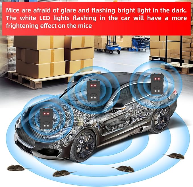 4Pack Ultrasonic Rodent Repellent for Car Engines,Under Hood Ultrasonic Mouse Repellent with 4 LED Strobe Lights,Plug-in&Battery Powered,Keep Rats,Mice,Squirrels Away from Vehicles,RVs,Garages,Attics