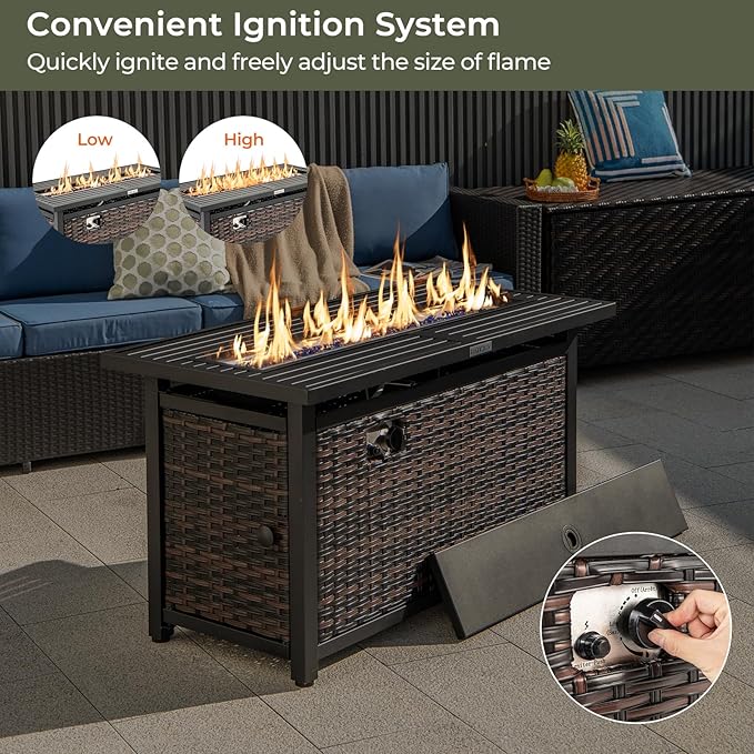 RELAX4LIFE 45’’ Propane Fire Pit Table - 50000 BTU Rattan Outdoor Fire Pit w/Metal Top, Glass Stones, Lid & Protective Cover, Rectangular Gas Fire Pits for Outside Patio Backyard Garden Deck Parties