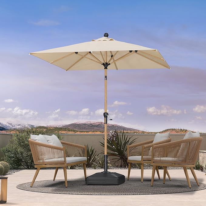 PURPLE LEAF 6.5' x 6.5' Patio Umbrella with Base Square Outdoor Table Umbrella Market Umbrella with Push Button Tilt & Crank and 8 Ribs Aluminum Outdoor Umbrella for Pool Backyard Beach, Beige