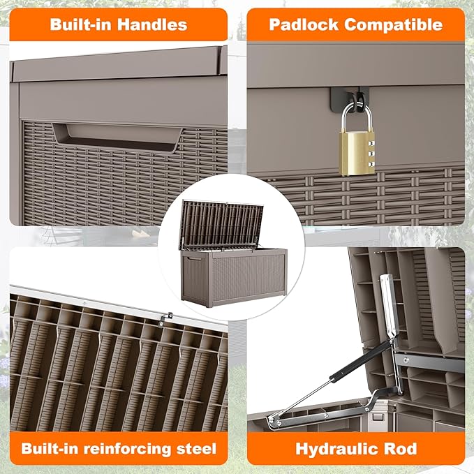 267 Gallon Deck Box Large Outdoor Storage for Patio Furniture,Outdoor Cushions,Garden Tools and Pool Supplies,Waterproof,Resin,Lockable(Grey Rattan)