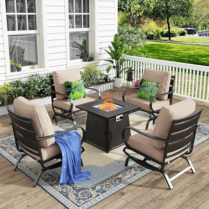 MFSTUDIO 5 Pieces Patio Conversation Sets, Outdoor Metal Furniture Sofas with 1 x 28 50,000 BTU Square Propane Fire Table and 4 x Wrought Iron Frame Rocking Chairs with Beige Cushion