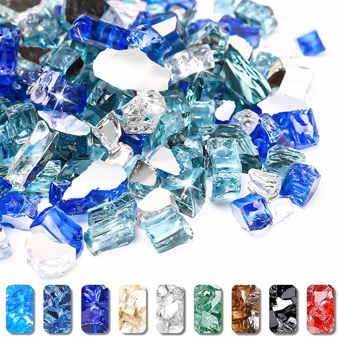 Grisun 10 Pound Fire Glass for Fire Pit - 1/2 inch Reflective Fire Glass Rocks, Decorative for Fireplace and Fire Table, Blend of Cobalt Blue, Caribbean Blue and Platinum