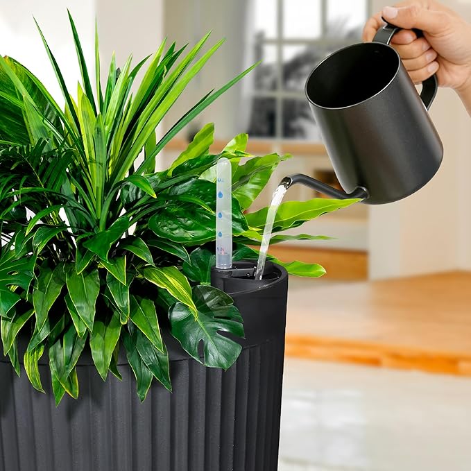 Self Watering Tall Planters for Outdoor Plants, 24” Set of 2 Large Flower Pots with Drainage Hole, Modern Plastic Black Planter for Indoor, Patio, Balcony (Ribbed)