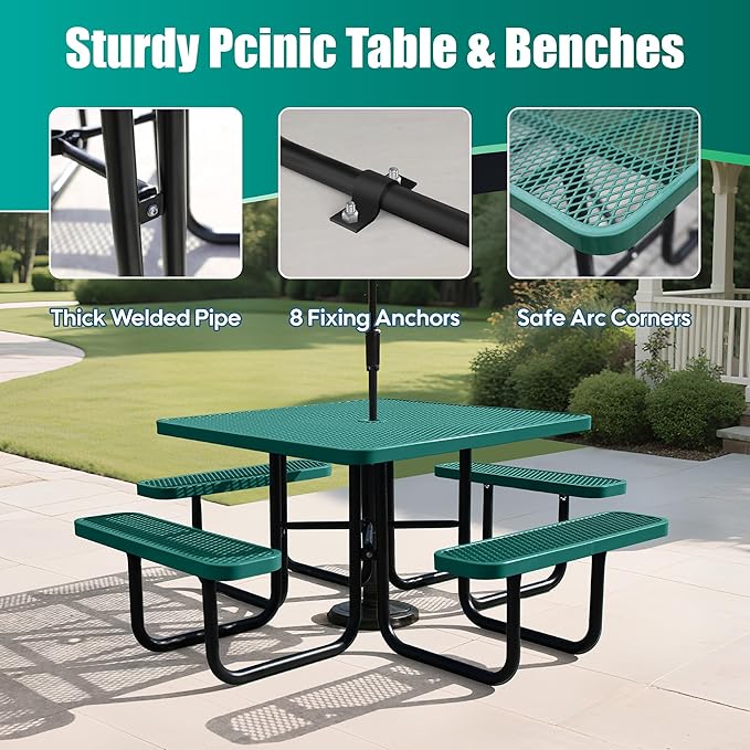 Sunnibety 8-Person Picnic Tables for Outdoors, Industrial 46" Expanded Metal Square Picnic Table with 4 Benches & Umbrella Hole, Outside Table and Bench Set for Garden, Backyard, Porch, Patio, Green