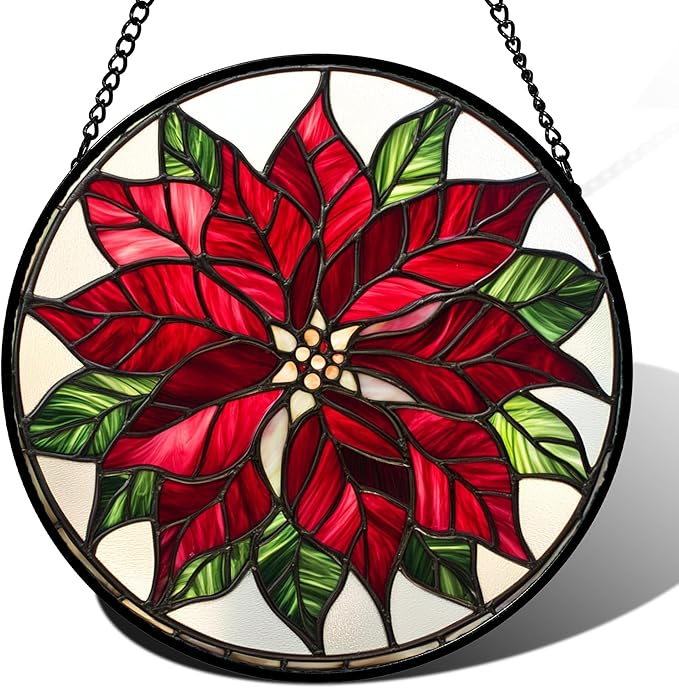 CRISGIF Stained Glass Window Hanging - Red Poinsettia Birth Flower Suncatcher for Door Garden Yard Sun Catchers Decor Christmas Mother's Day Birthday Gifts for Women Mom Nana Friend Men 11.8 in