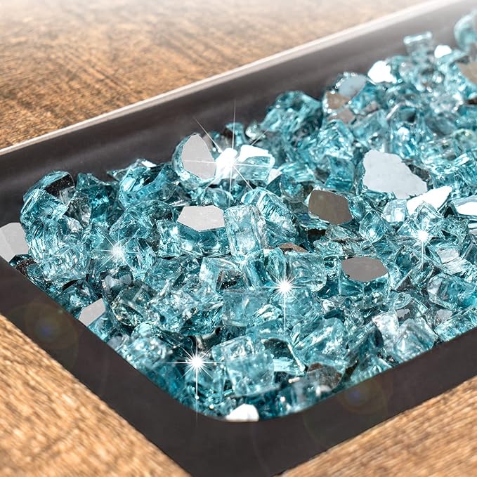 GASPRO 35 lbs Fire Glass for Propane Fire Pit, 1/2-Inch Reflective Fireplace Glass Rocks for Fire Pit Table, Caribbean Blue