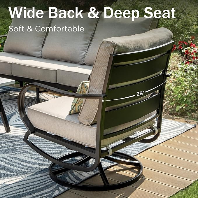 PHI VILLA Patio Furniture Chair Set for 2, Deluxe Outdoor Conversation Set with 2 Swivel Padded Sofa Chair, Full Metal with 5.8" Cushion for Deck, Lawn, Garden