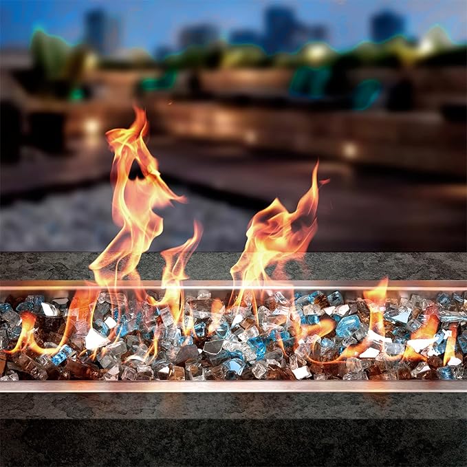 Onlyfire 10 pounds Fire Glass for Propane Fire Pit and Gas Fireplace, 1/4 Inch Blended Reflective Firepit Glass Rocks for Fire Pit Table and Fire Bowl, Aqua Blue+Platinum+Copper