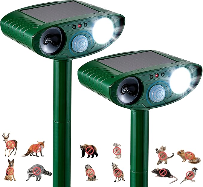 2 Pack Outdoor Solar Animal Repeller - Ultrasonic & Strobe Light, Deterrent for Cats, Dogs, Raccoons, Rabbits, Skunks, Foxes & More