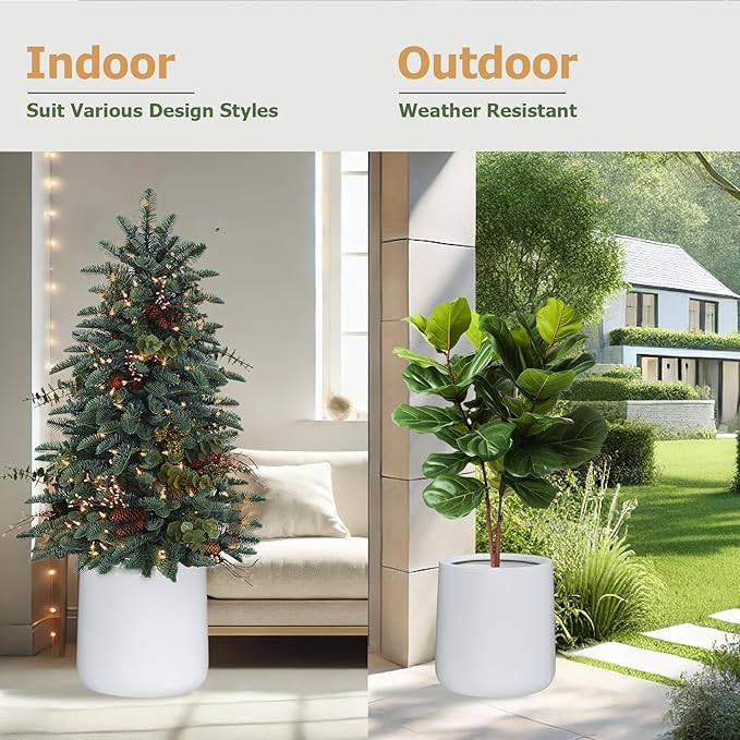 15.3"H x 15"D Conico Fiberstone Round Planter - Christmas Tree Planter, Smooth Finishes, Weather Resistant for Indoor and Outdoor Use, Included 2 Extra Coco Mats (White, 11.7" Pot Opening)