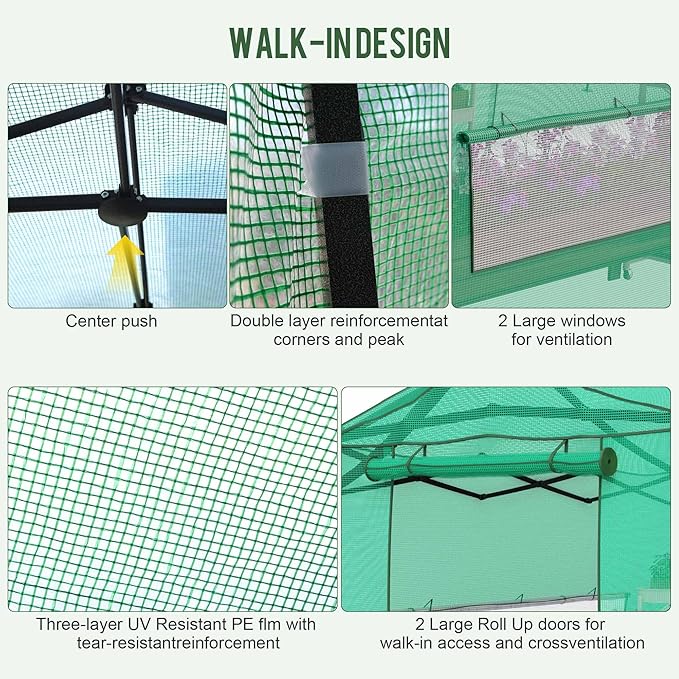 8.5 x 7 ft Large Walk-in Pop-Up Greenhouse, Portable Plant Tent with 4 Zipper Doors & 3 Height Adjustments, Heavy-Duty PE Cover for Outdoor/Indoor Use in All Weather