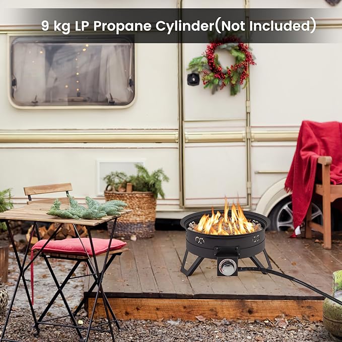 Giantex Portable Propane Fire Pit, 17" Small Outdoor Fire Bowl w/Foldable Legs, Round Fireplace with Lid, Removable Grill, Carry Bag, Lava Rocks, 58000 BTU Smokeless Gas Firepit for Outdoor Camping