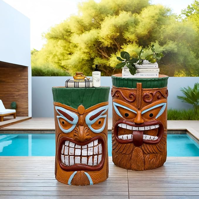 SKYFIRE 2 Pack Large Tiki Statue - 20”H Tiki Bar Side Tables Outdoor Decor for Garden, Patio, Backyard, Lawn and Office -Concrete The Grand Tiki Face Kanaloa Teeth Stool End Table for House Decor