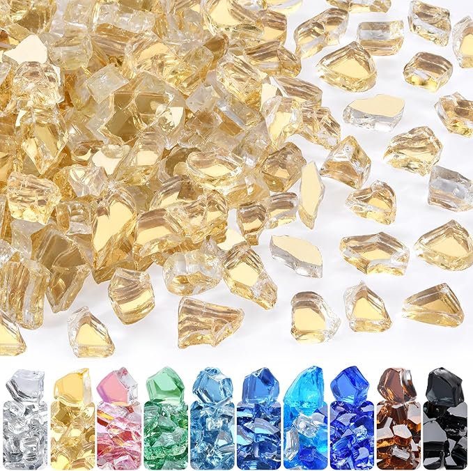 GasSaf 1/2 Inch Fire Glass Reflective Tempered Fireglass Cut Crushed FireGlass for Fire Pit, Fireplace, Replaces Existing Gas Logs & Lava Rocks (20 Pound)(Gold Reflective)