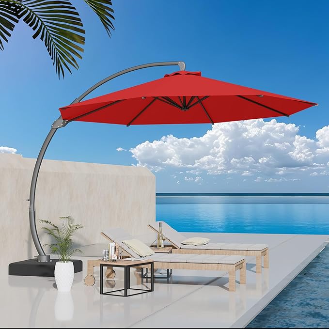 Kingdura 11ft Cantilever Patio Umbrella with Base Included, Large Round Offset Outdoor Pool Umbrella, 360° Rotation & Infinite Tilt, Heavy Duty Aluminum Frame for Deck Backyard, Red