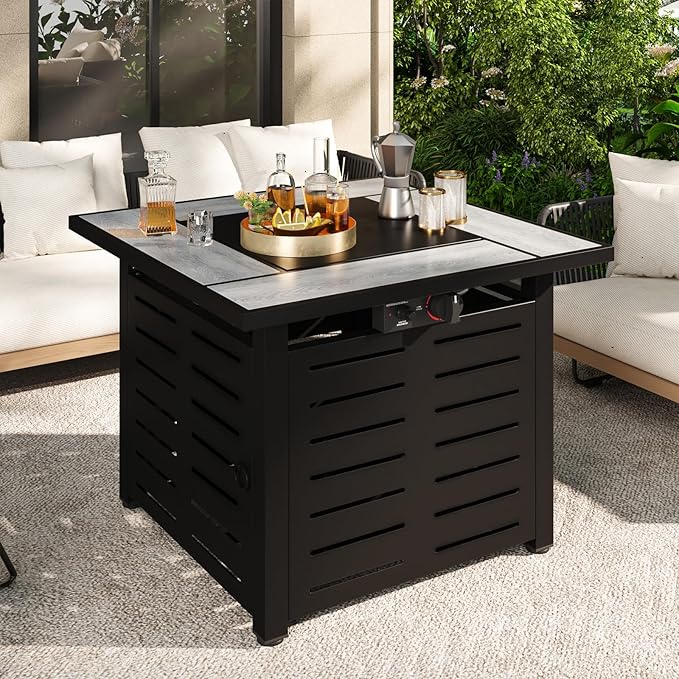 28" Outdoor Propane Fire Pit Table Ceramic Top & Lava Rocks,50000 BTU Square Patio Heater Waterproof Lid Gas Fire Pits for Outside Patio Black