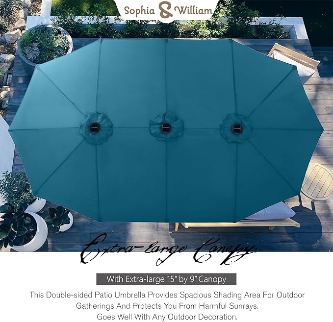 Sophia & William 15 ft Extra Large Patio Umbrella with Solar Lights, Rectangular Outdoor Umbrella with Base Included, Market Umbrella Double-sided Heavy Duty for Pool Garden Backyard, Cyan-blue