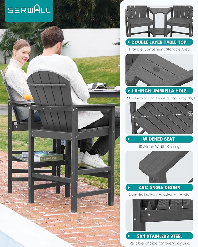 SERWALL Tall Adirondack Chairs Set of 2 with Double Layer Connecting Tray, HDPE Bar Height Outdoor Chairs, Wood-Like Adirondack Bar Stools for Patio, Balcony, Porch, Grey