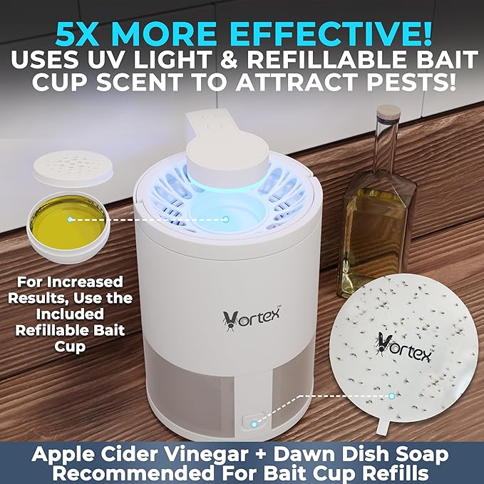 Vortex Indoor Insect Trap - Catcher & Killer for Fruit Flies, Gnat, Mosquito, Moth - UV Light Non Zapper Suction Glue Board - Bug Light Fruit Fly Trap (White)