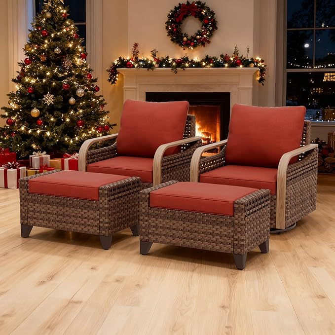 EAGLE PEAK Modern Wicker Outdoor Glider Rocking Chair, Swivel Rocker, Rattan Patio Furniture for Yard Deck Porch Garden, 2 Chairs 2 Ottomans, 4 Piece, Brown/Red