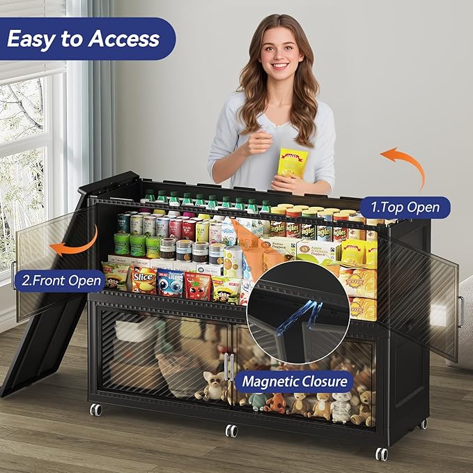 150 Gallon Extra Large Collapsible Storage Bin with Lid, 960QT Stackable Plastic Organizer with 6x Wheels, Foldable Drawer Cabinet for Closet, Living Room Office, Kitchen 3Pack, Black