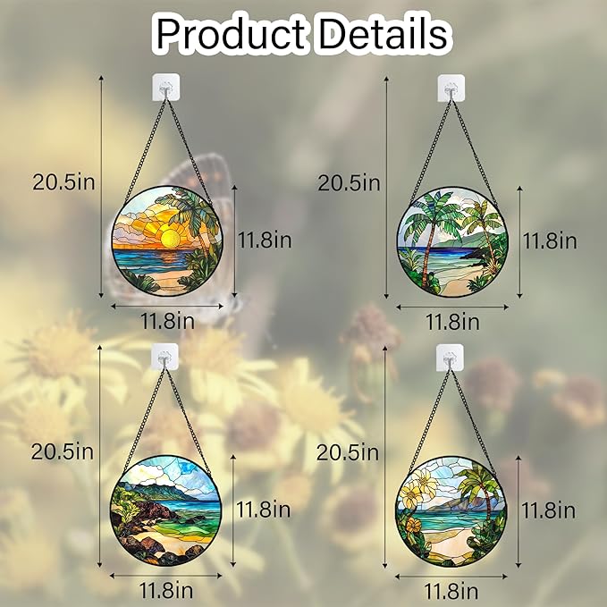 DASTOLL Stained Glass Window Hanging 4 Pcs Set Blue Ocean Coconut Tree Scenery Large 11.8" - Suncatcher Door Garden Sun Catcher Decor Birthday Christmas for Mom Woman Nana Men