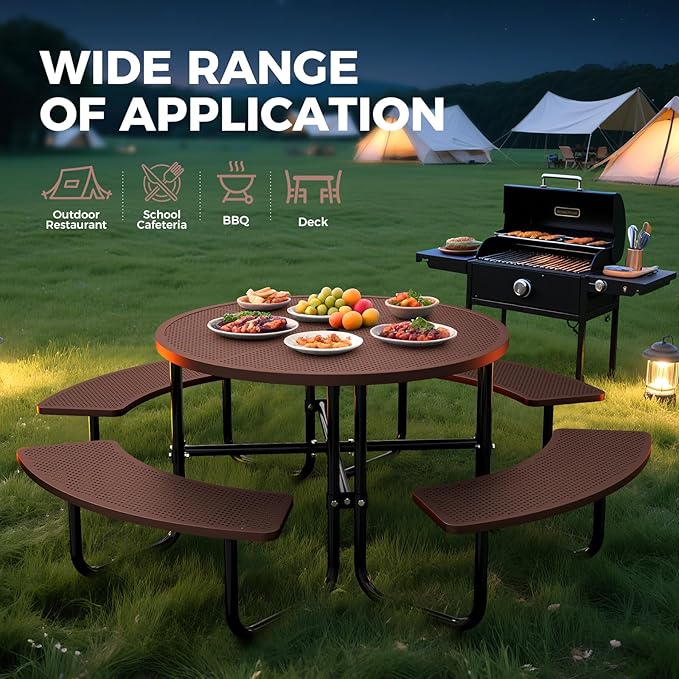 Rueekfil 46" Coated Picnic Table with Umbrella Hole, Heavy Duty Commercial Picnic Table for Outdoors, Family & Party Ready for School Camping, Round, Brown