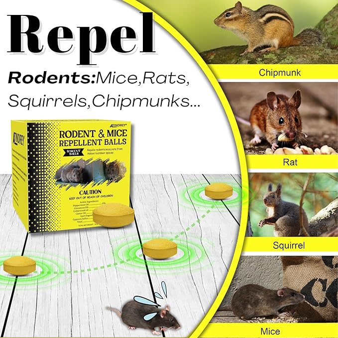 Rodent & Mice Repellent,Squirrel Repellent,Indoor/Outdoor/Car Engine Protection,Long-Lasting Peppermint Oil Formula,Safe for Pets & Kids,30-60 Days Effective Mouse Deterrent