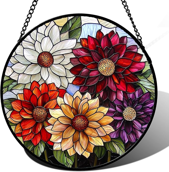 AMDERVEN Stained Glass Window Hanging, Colorful Flowers Sun Catcher for Window Door Home Decor Plant Suncatcher Christmas Mother's Day Birthday Gifts for Women Men Mom and Nana 15 in
