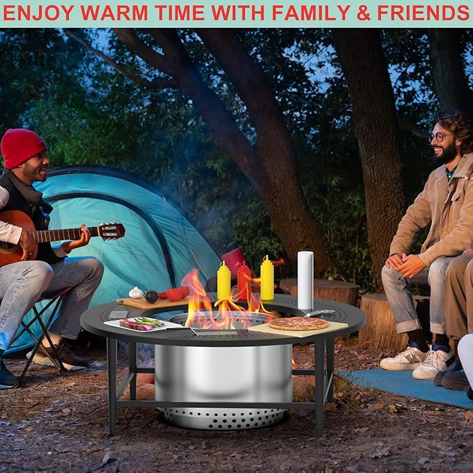38 Inch Fire Pit Surround Tabletop for Solo Stove Bonfire/Ranger/Tiki Accessories, Smokeless Fire Pit Table & Dust Cover for Solo Stove and Other Wood Burning, Powder-Coated Steel Stove Table Surround