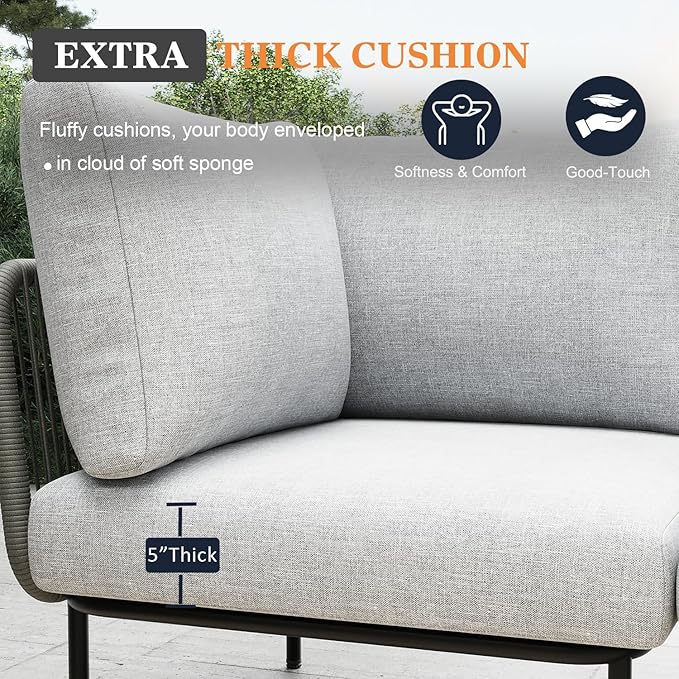 9 Piece Modern Outdoor Rope Wicker Sectional Patio L-Shaped Conversation Sofa Set Deep Seating with Thick Cushions