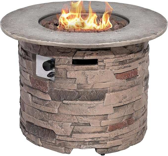 HOMPUS Outdoor Propane Fire Table, 32-inch Imitation Stone Concrete with Rain Cover and Lava Rocks - Smokeless, 40,000 BTU for Patio, Garden, Deck or Backyard