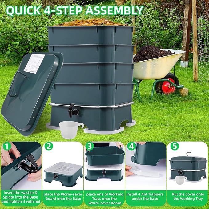 5-Tray Worm Compost Bin, Worm Composter for Outdoor & Indoor, 5-Tray ecocultivatify Wormie's Home Plus, Worm Bin Set for Recycling Household Waste (Dark Green)