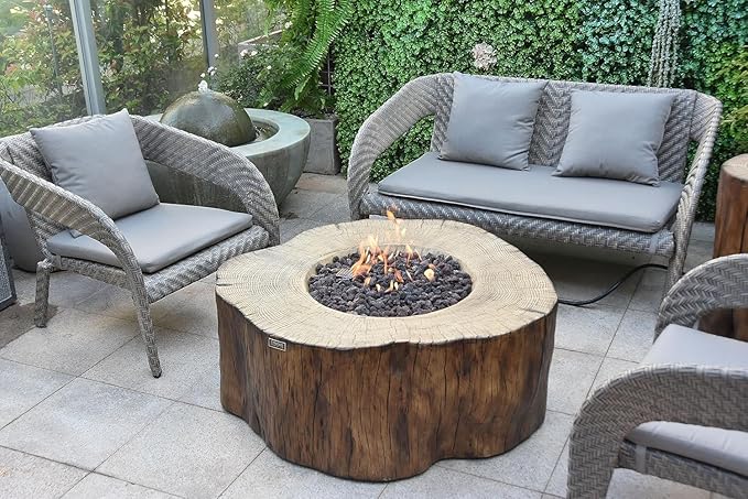 Elementi Lunar Bowl Cast Concrete Fire Table Bundle, Outdoor Fire Pit Fire TablePatio Furniture, Light Gray (Natural Gas)