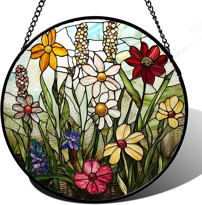 DASTOLL Stained Glass Window Hanging, Colorful Wildflowers Plant Scenery Suncatcher for Doors Window Home White Green Sun Catchers Decor Mother's Day Birthday Gifts for Women, Men Mom 7.8 in