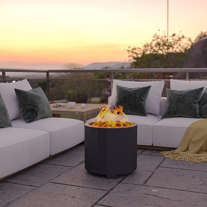 Flash Furniture Titus Commercial Grade Wood Burning Smokeless Outdoor Firepit - Black Finish - 19.5 inches - Portable - Waterproof Cover